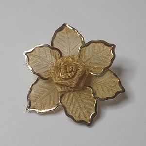 Lightweight Gold Tone Metal Mesh Rose Brooch